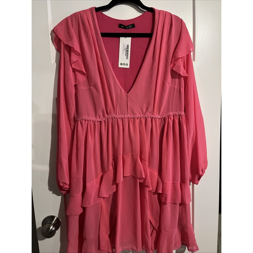 Boohoo Plus Tiered Ruffle Plunge Skater Dress Pink Size 16 PZZ67362-166-24